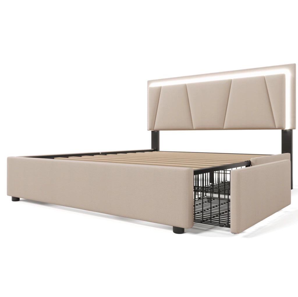 Letto 160x200 cm con LED, 4 cassetti e testiera regolabile in lino beige