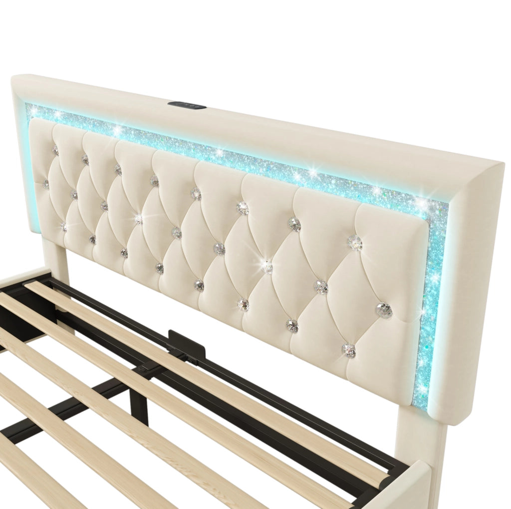Letto imbottito 160x200 cm in velluto con LED, USB e contenitore