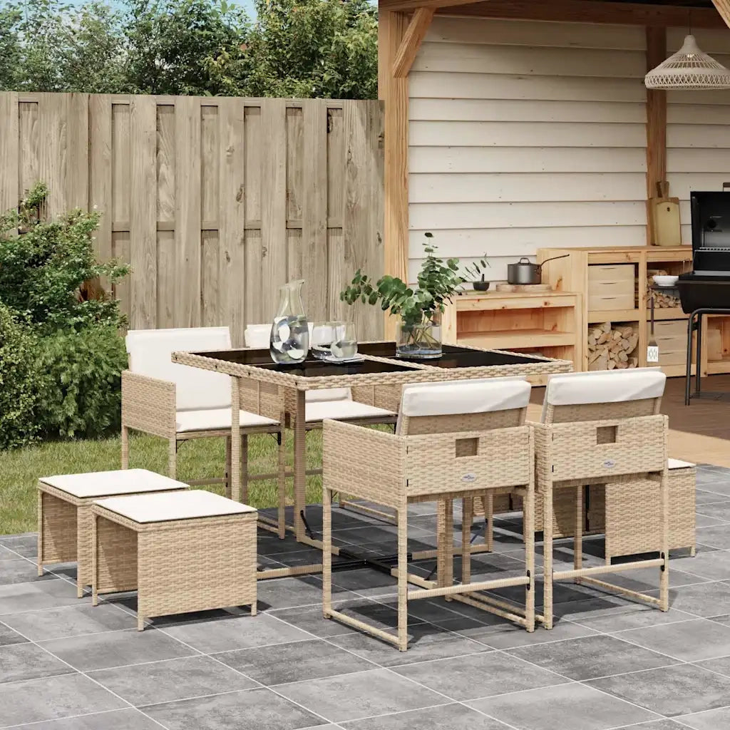 Set da Pranzo da Giardino 9 pz | Set Salotto da Giardino con Cuscini Beige in Polyrattan