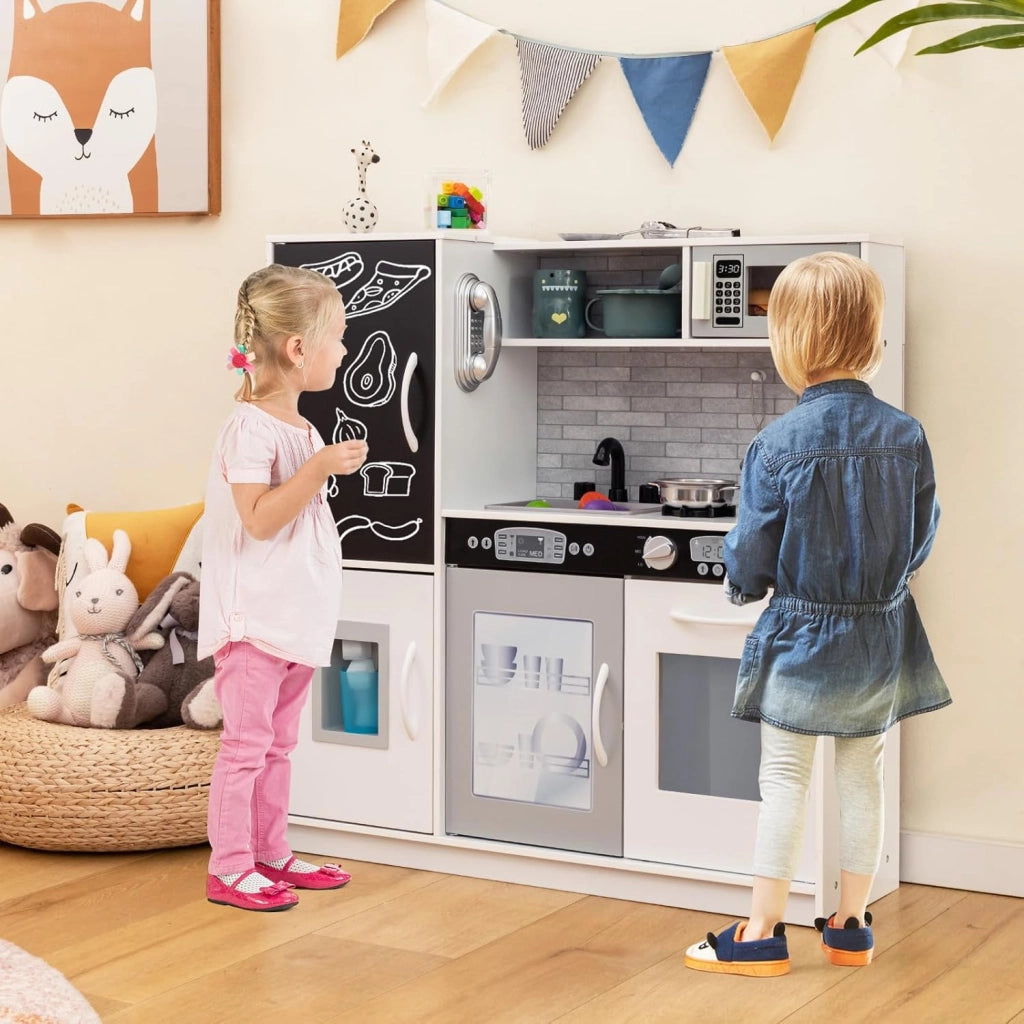 Cucina Giocattolo per Bambini, Cucina Legno per Bambini con Lavagna, Telefono, Microonde e Macchina per Ghiaccio, con Accessori e Suoni Realistici, per Bambini 3-6 Anni (Bianco)