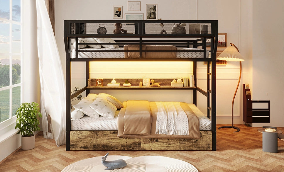 LETTO A CASTELLO 140x200 cm Metallo e MDF Nero con LED e 2 cassetti