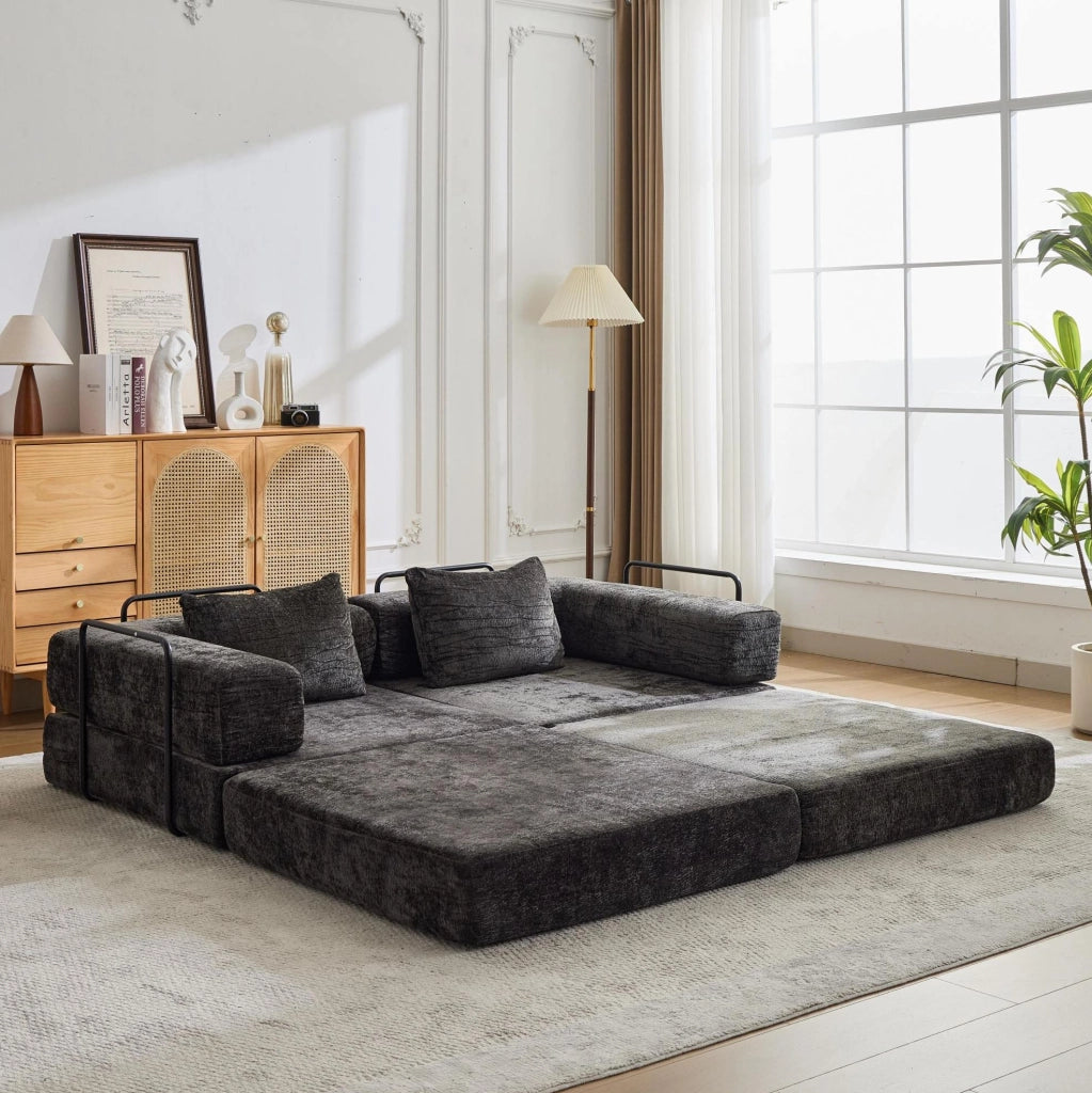 Divano letto convertibile 200x100x63 cm in ciniglia nera salvaspazio