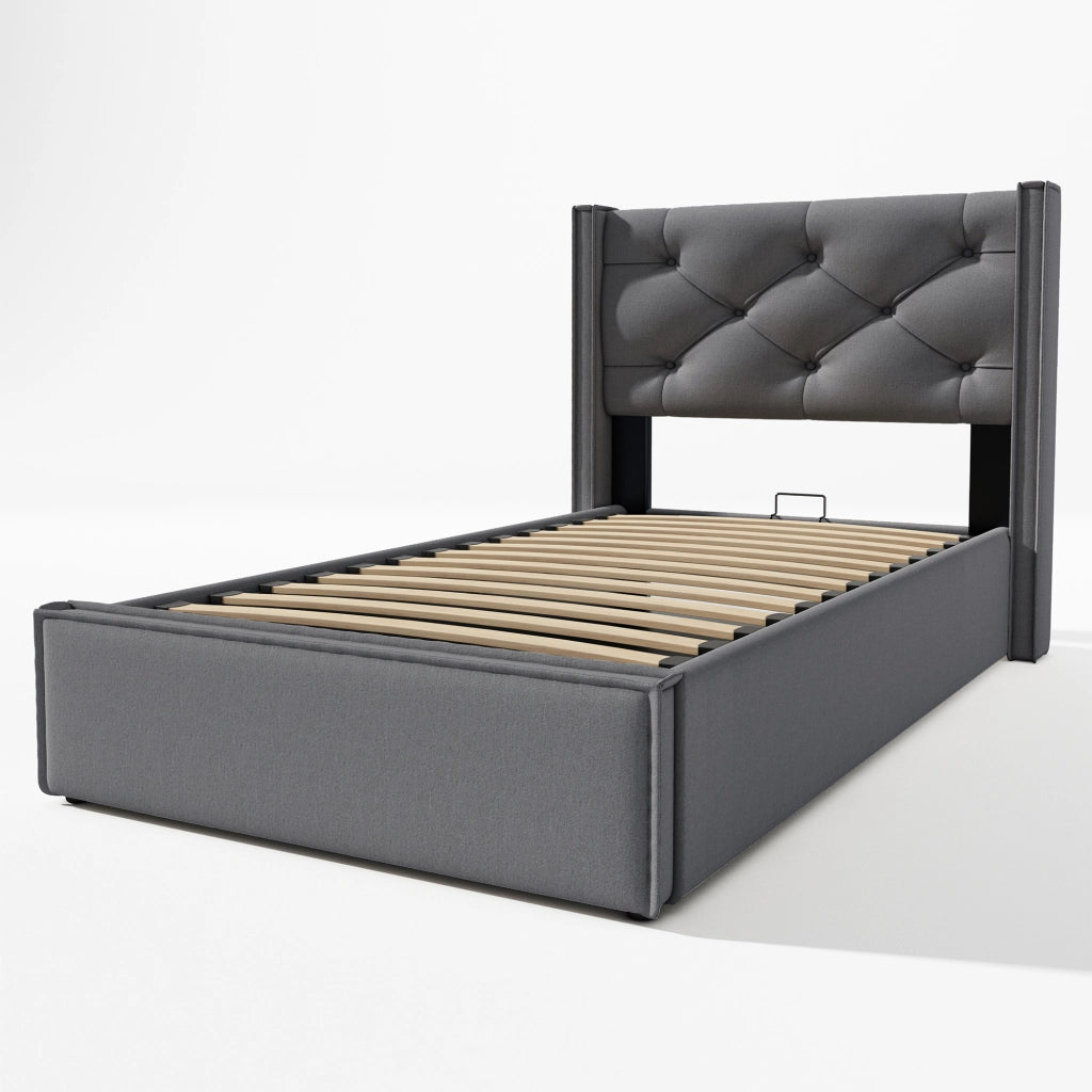 Letto imbottito grigio 90x200 cm con contenitore