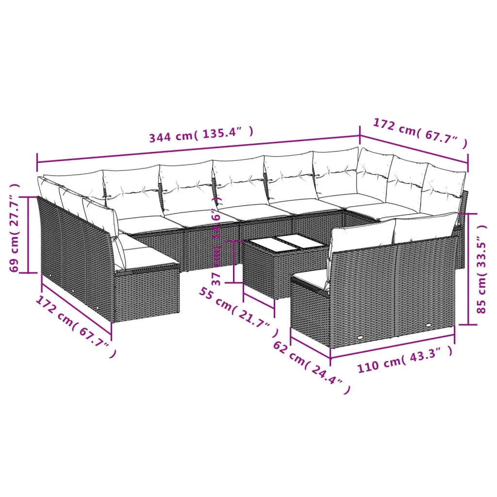 Set Divani da Giardino 13pz con Cuscini Nero in Polyrattan
