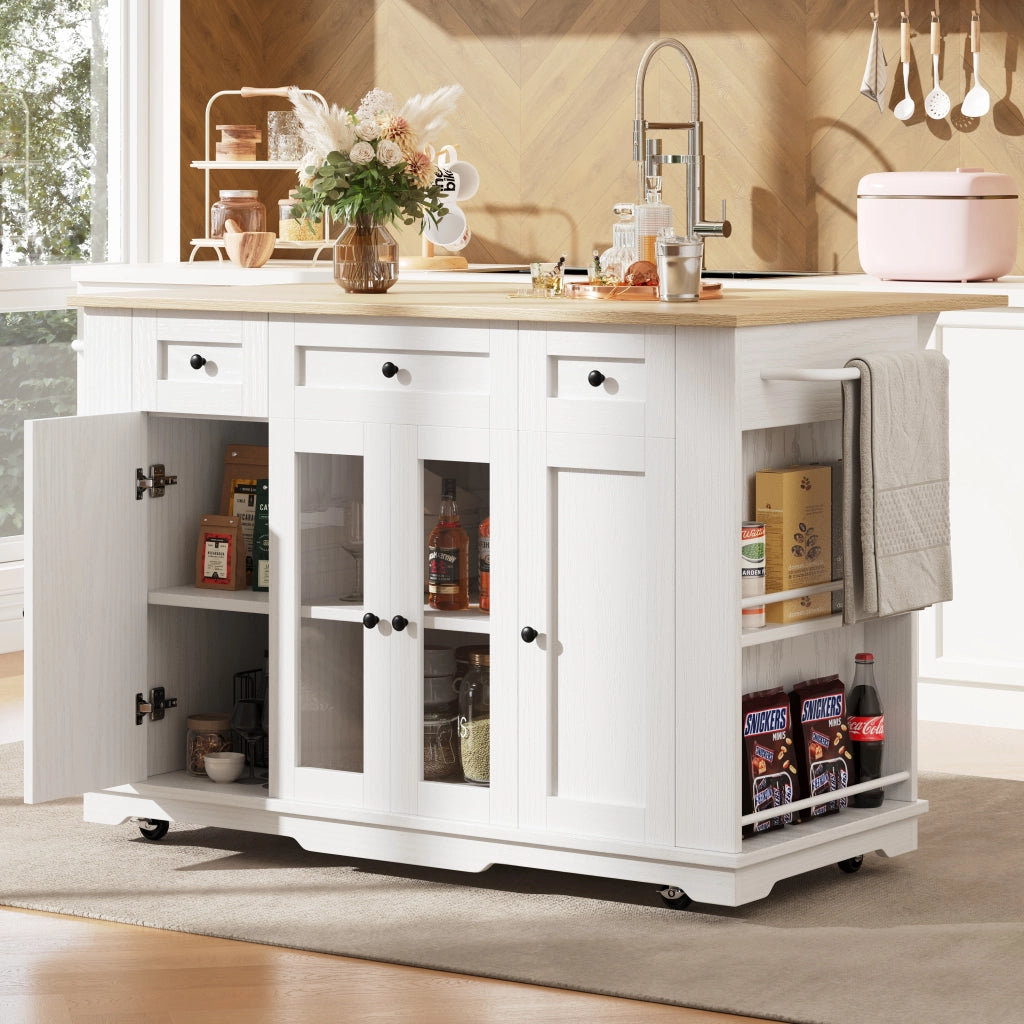 Carrello da Cucina con Cassetto; Vani Contenitore e Piano Ribaltabile; in MDF Metallo e Vetro; Bianco Naturale; 151;5 x 60 x 91;7 cm