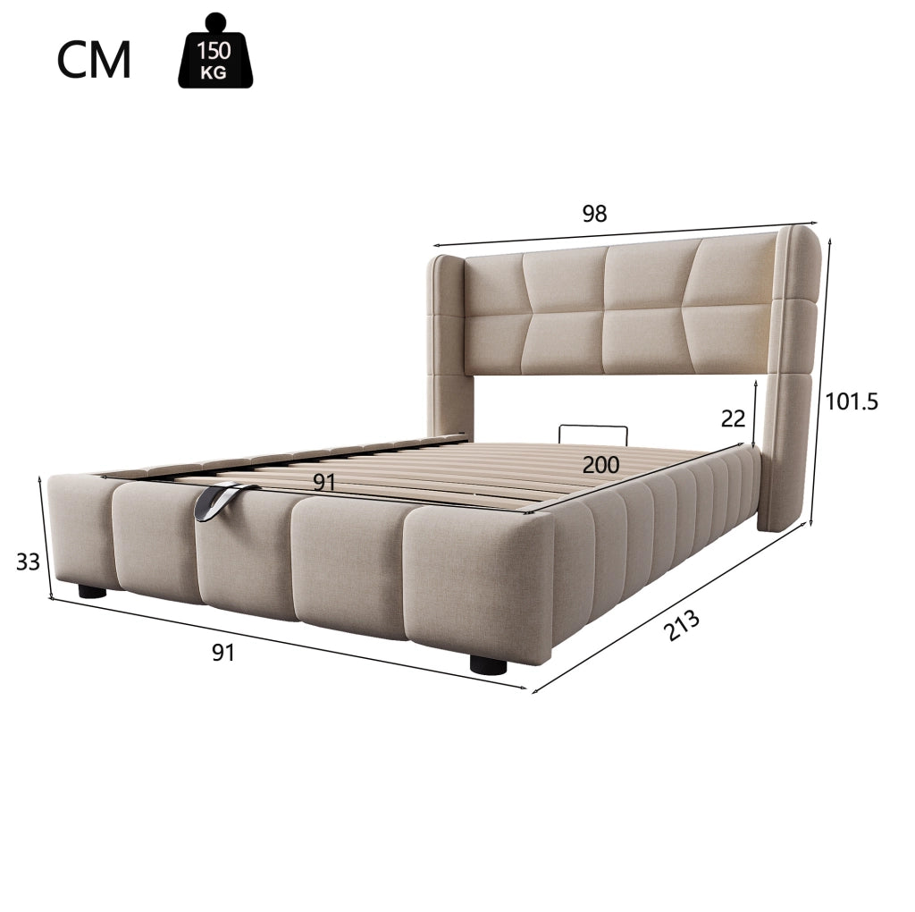 Letto imbottito 90x200 cm beige con contenitore e sollevamento