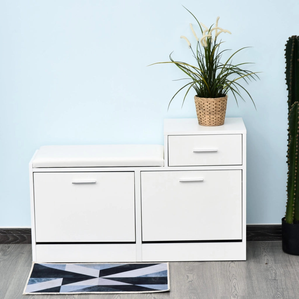 EasyComfort Scarpiera Moderna con Panca Imbottita per 12 Paia di Scarpe, Mobile da Ingresso con Scarpiera, Legno, Elegante, Capiente, 94,5x57x30 cm, Bianco