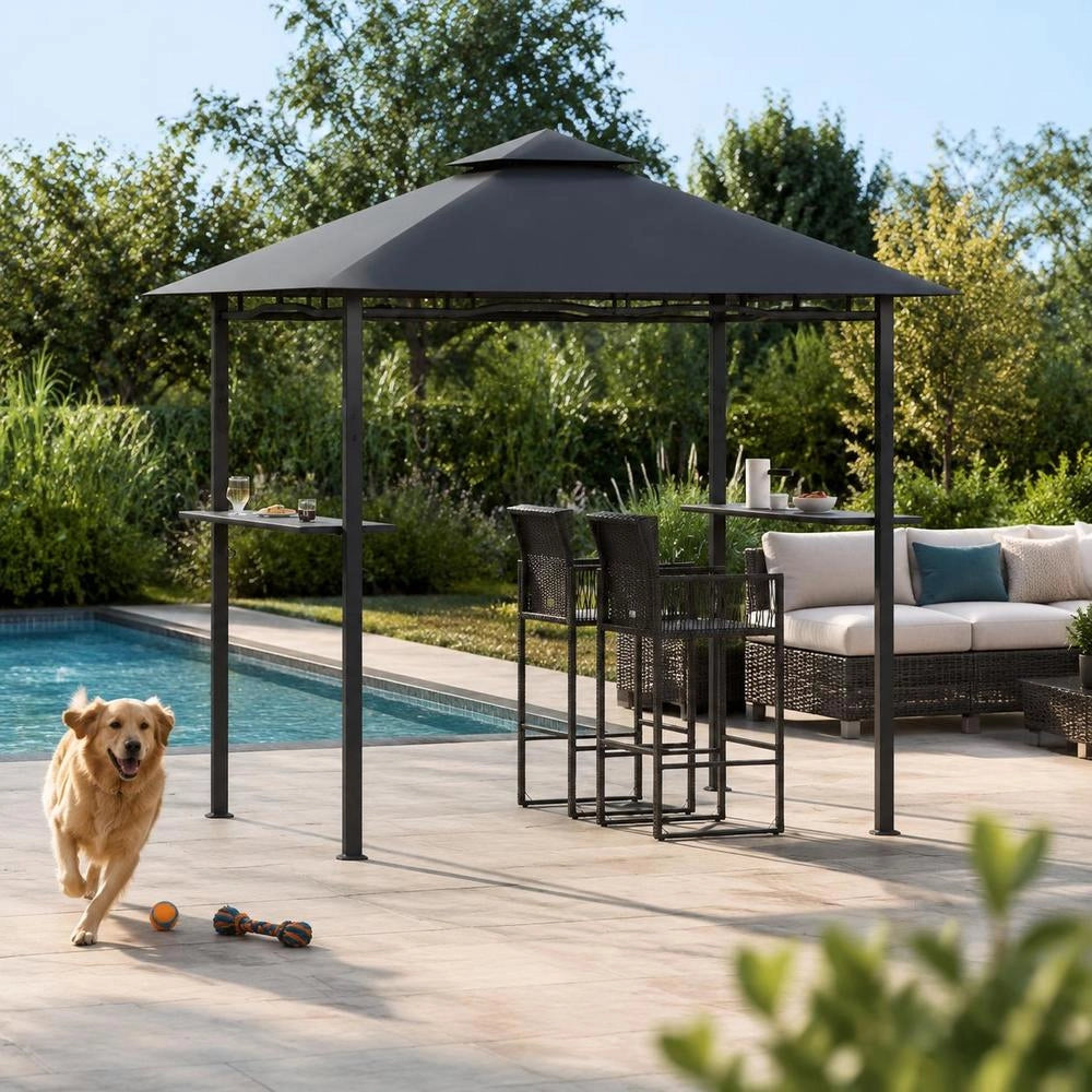 Grill Gazebo With Double Layer Roof And Bar Counters, Steel Frame Outdoor Shelter For Garden Patio Balcony, 240x150x255 Cm
