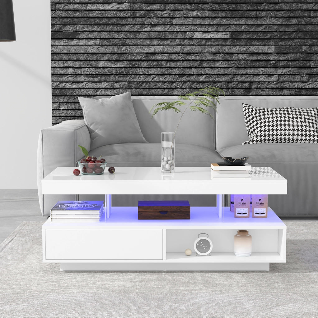 Tavolino da caffè bianco lucido con LED, vetro, 2 cassetti e vani aperti