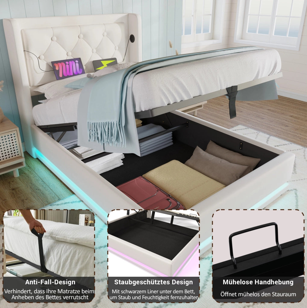Letto contenitore 90 × 200 cm in PU bianco con LED; USB e Type-C