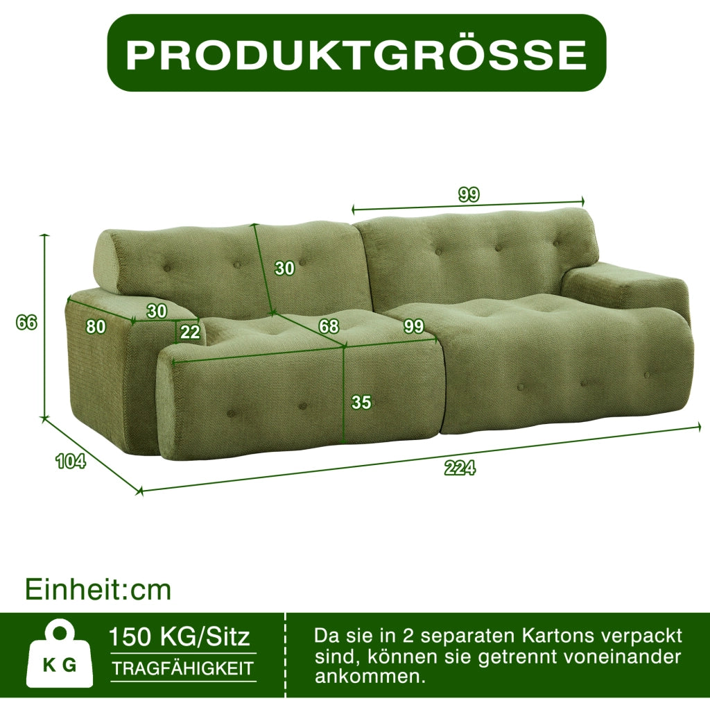 Divano Cloud 2 posti in tessuto ciniglia verde con braccioli larghi e design moderno, 224x104x66 cm