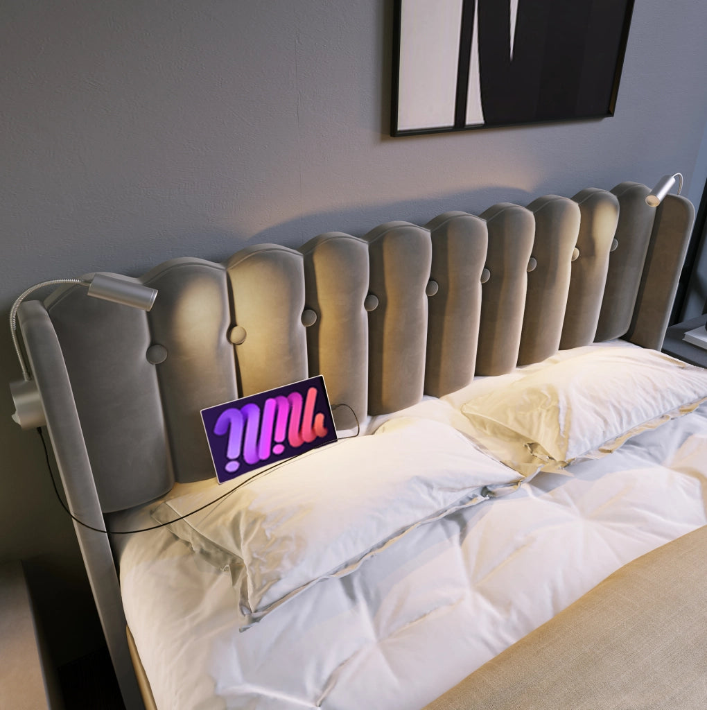 Letto imbottito 140x200 cm in velluto grigio con luci USB e vano contenitore