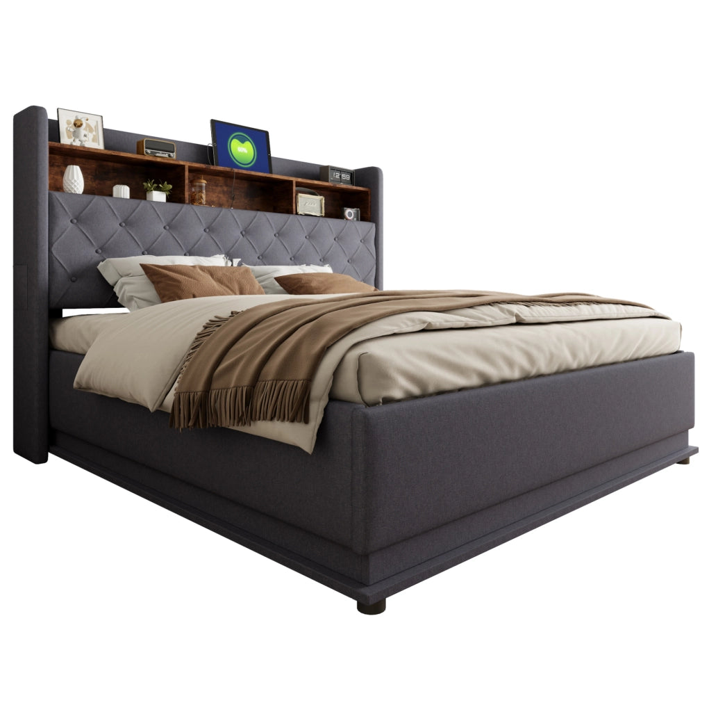 Letto imbottito 180x200 cm con LED multicolore, USB e contenitore grigio