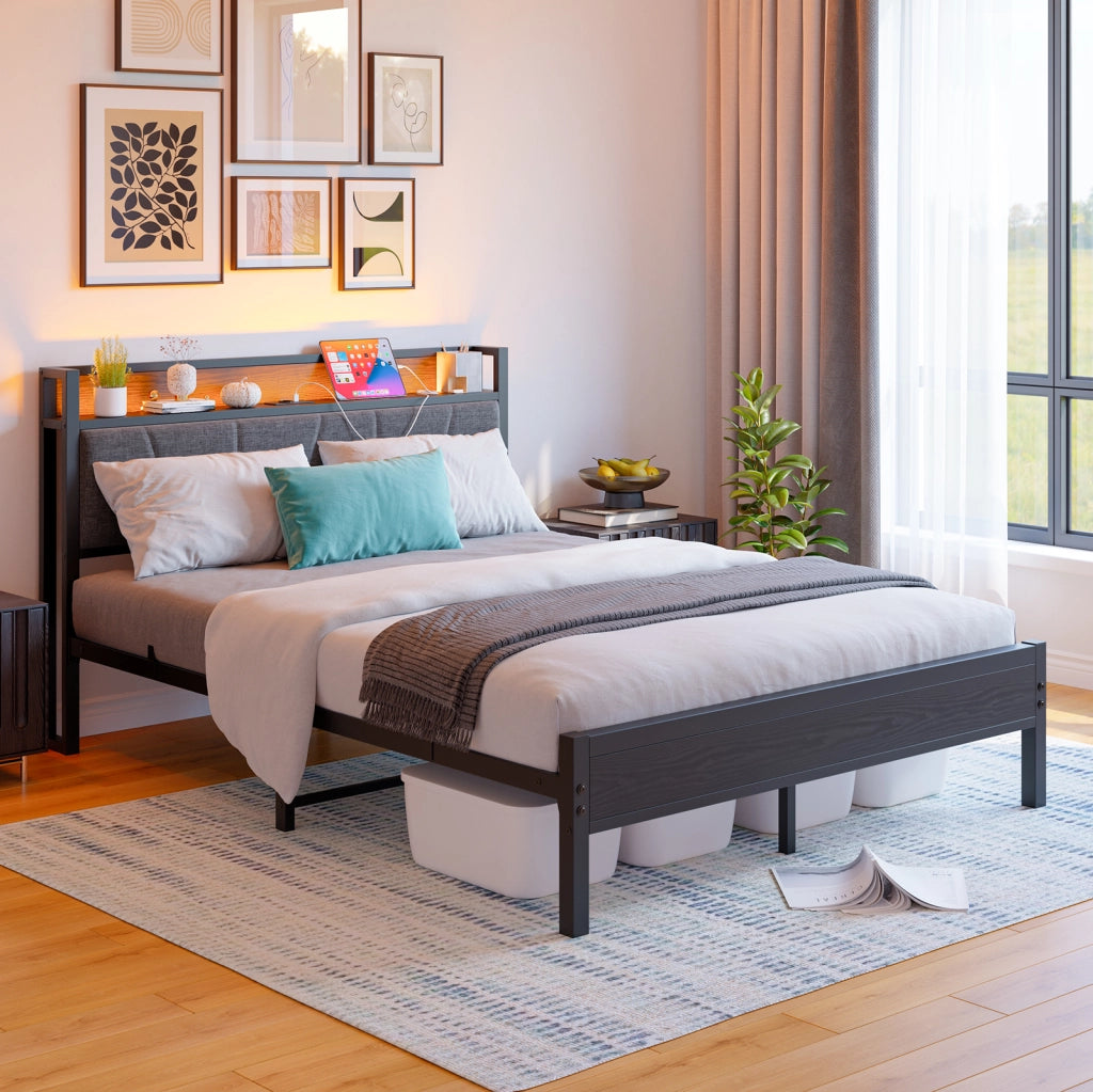 Struttura letto 140x200 cm con LED intelligenti, testiera con ricarica USB, piattaforma in doghe metalliche rinforzate, silenzioso, senza sommier