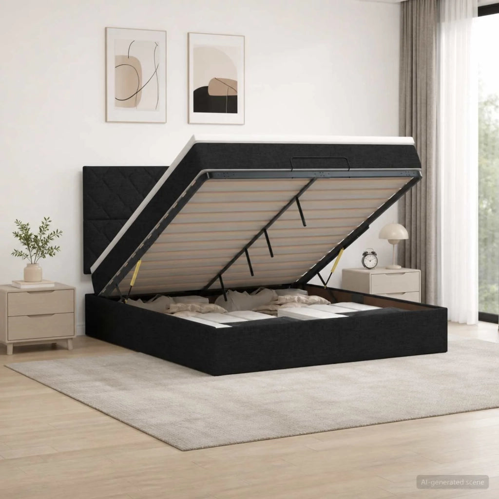 Letto Ottomano con Materasso e LED Nero 160 x 200 cm Tessuto 3458168