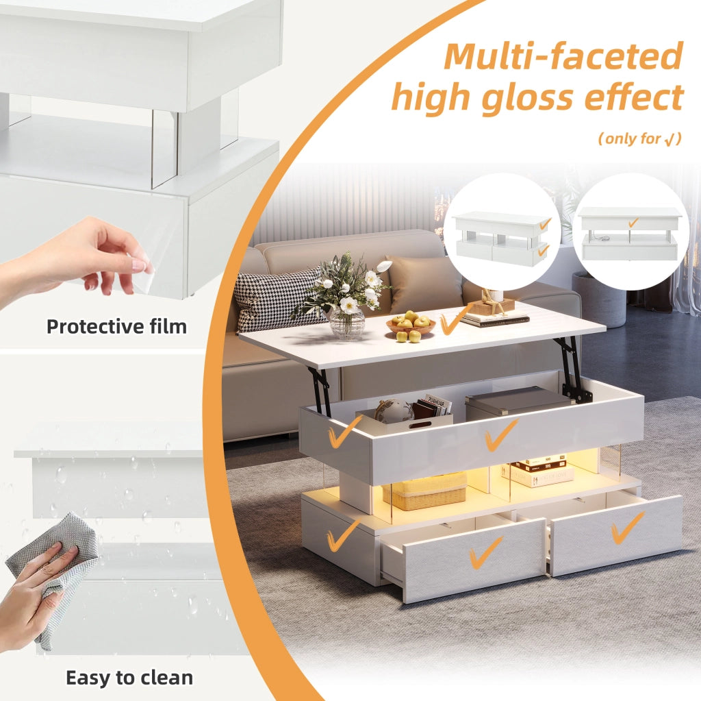 Tavolino da salotto sollevabile 100 x 50 x 46 cm bianco con 2 cassetti e LED