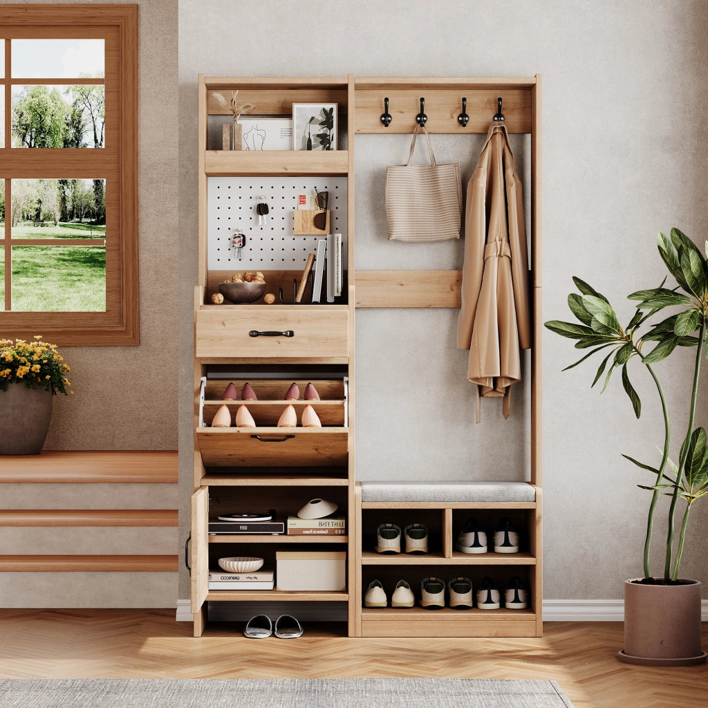 Set di mobili da ingresso con panca imbottita; 2 ante; cassetto e 4 ganci in truciolare naturale e bianco 108.5 × 35 × 180 cm