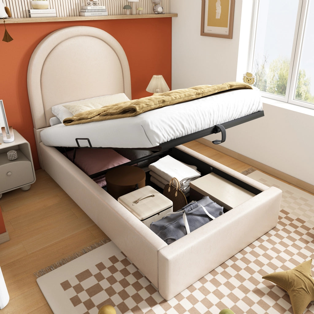 Letto imbottito singolo 90×200 cm con contenitore e rete sollevabile; materasso incluso; PU; beige