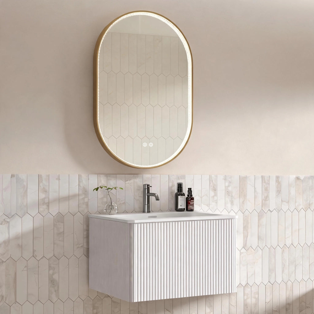 Set mobile bagno sospeso con lavabo, colonna laterale e specchio LED