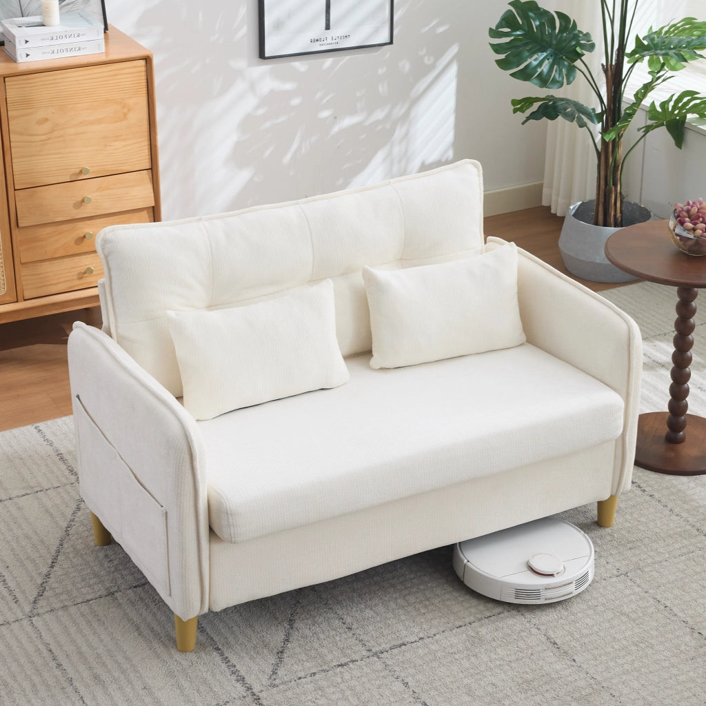 Divano 2 posti 127x75.5x83 cm con tasche laterali in tessuto chenille beige