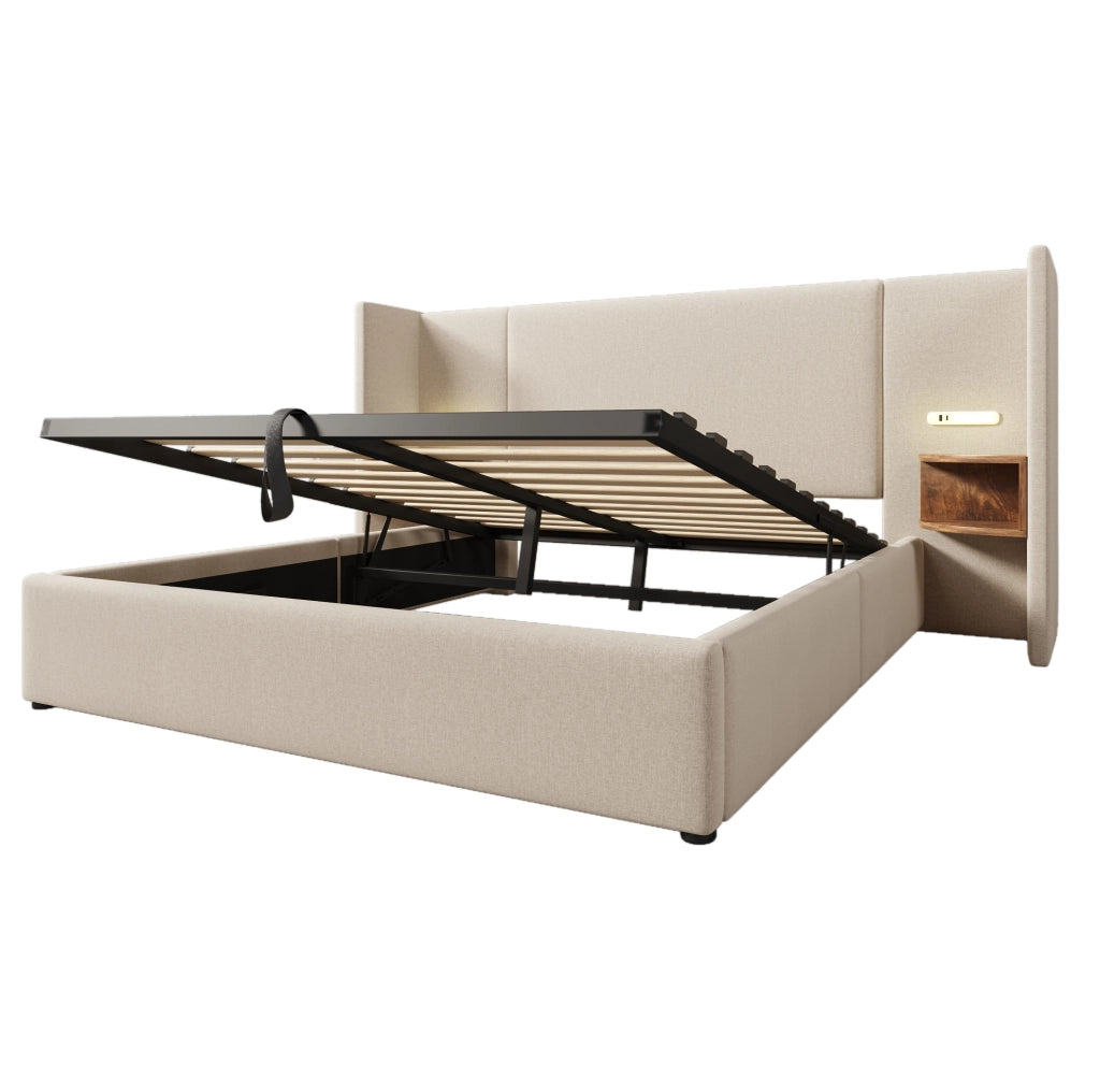 Letto matrimoniale imbottito 160x200 cm con contenitore, comodino integrato, lampada da lettura con funzione di ricarica USB Type-C, struttura in legno massello e metallo, beige