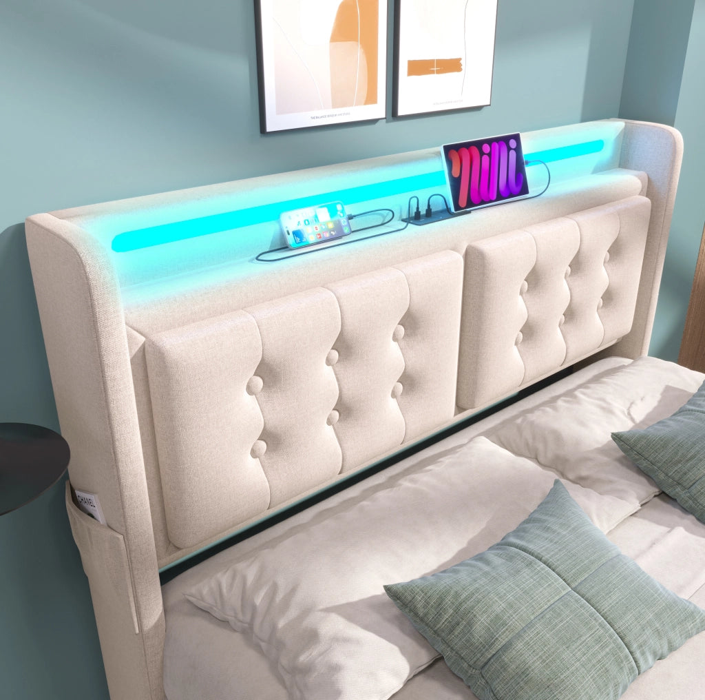Letto 140x200 cm con LED, USB e USB-C, 4 cassetti e rete a doghe in beige