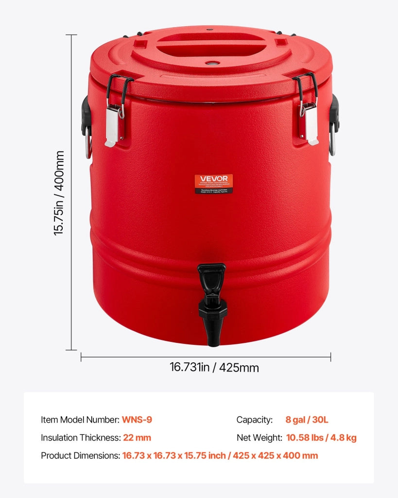 Distributore di Bevande Isolato WNS-9 da 30 L, Termico con Rubinetto, Acciaio Inossidabile 304, Robusto e Resistente per Esterni e Casa