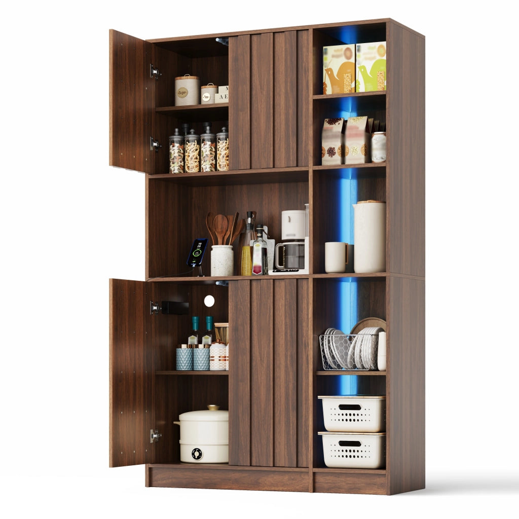 Mobile da cucina 105x40x180 cm con illuminazione RGB e prese in MDF noce