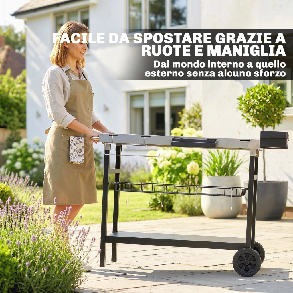Carrello Barbecue da Esterno per Giardino, Tavolo Cucina con Piano in Acciaio Inox, 3 Ripiani, Ganci e Porta Spezie, Nero, Robusto e Pratico
