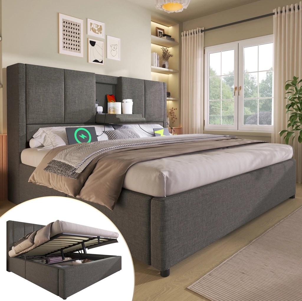Letto imbottito 140x200 cm con portabevande nascosto e stazione di ricarica, letto idraulico con contenitore sotto, rete inclusa, lino grigio (senza materasso)