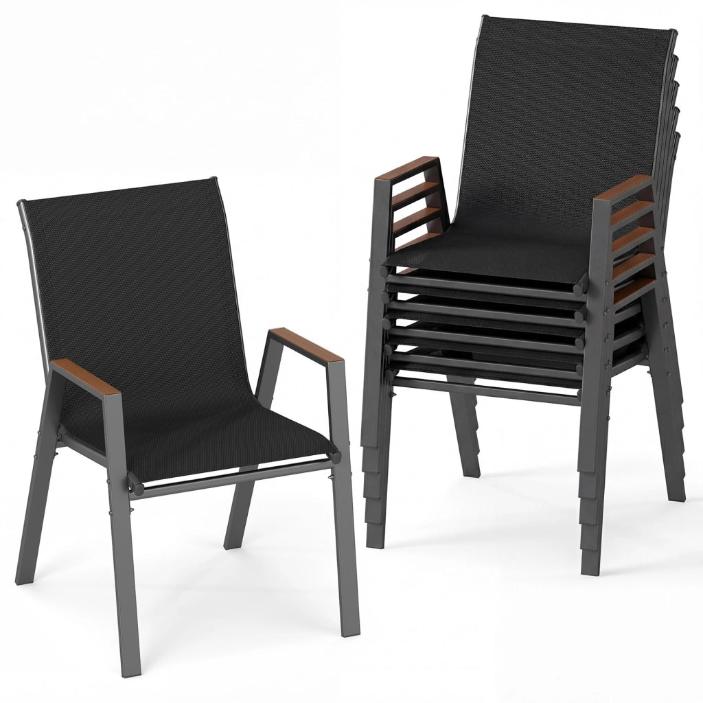 Set di 6 sedie da giardino impilabili in tessuto traspirante e acciaio, Poltrone ergonomiche con braccioli portata 180 kg Nero