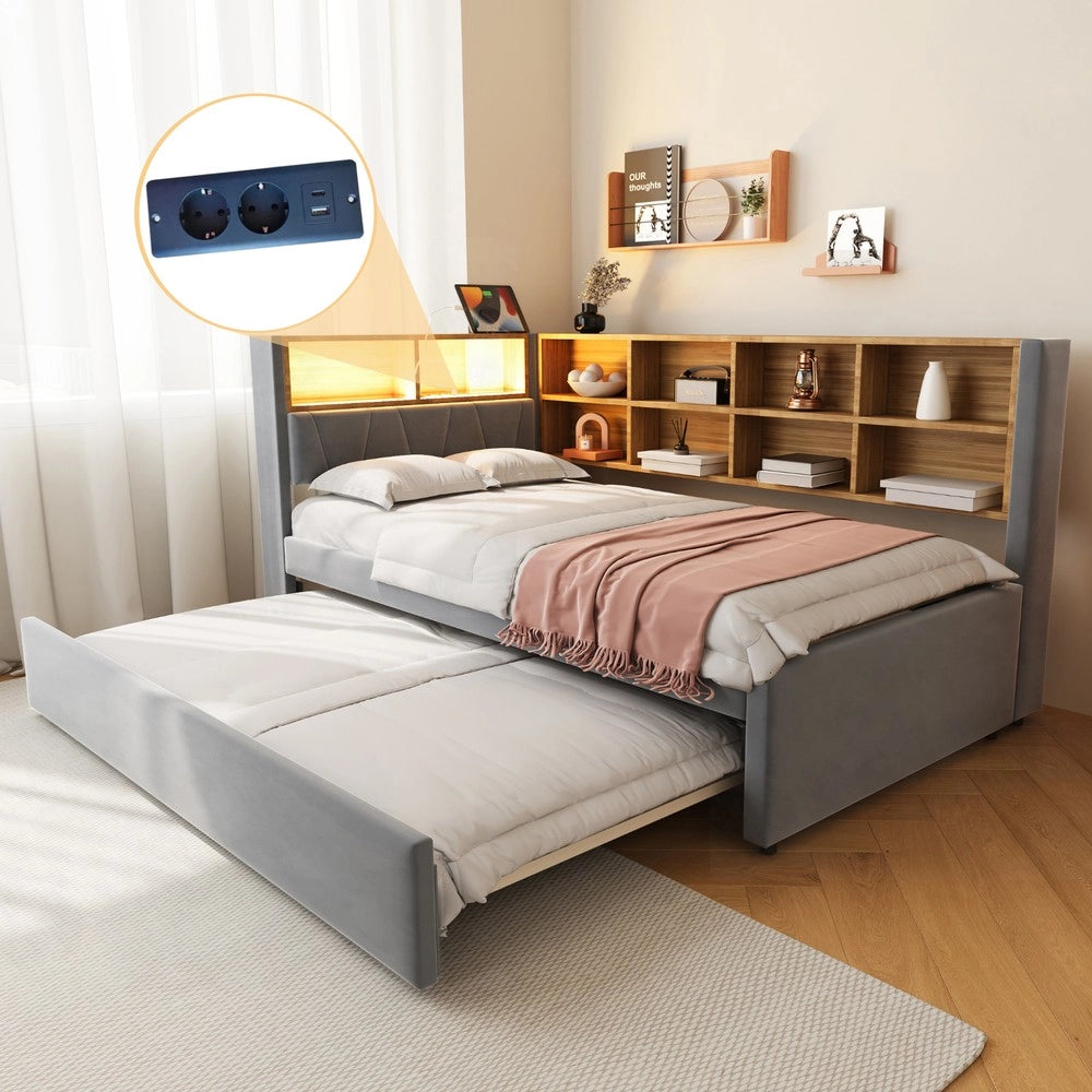 Letto Singolo Imbottito con LED e Prese ¨C MINIMAL ¨C Flanella, Grigio Scuro, 90x200