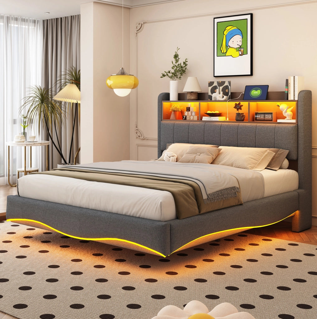 Letto imbottito sospeso 140x200 con LED, USB, Type-C e vano testiera
