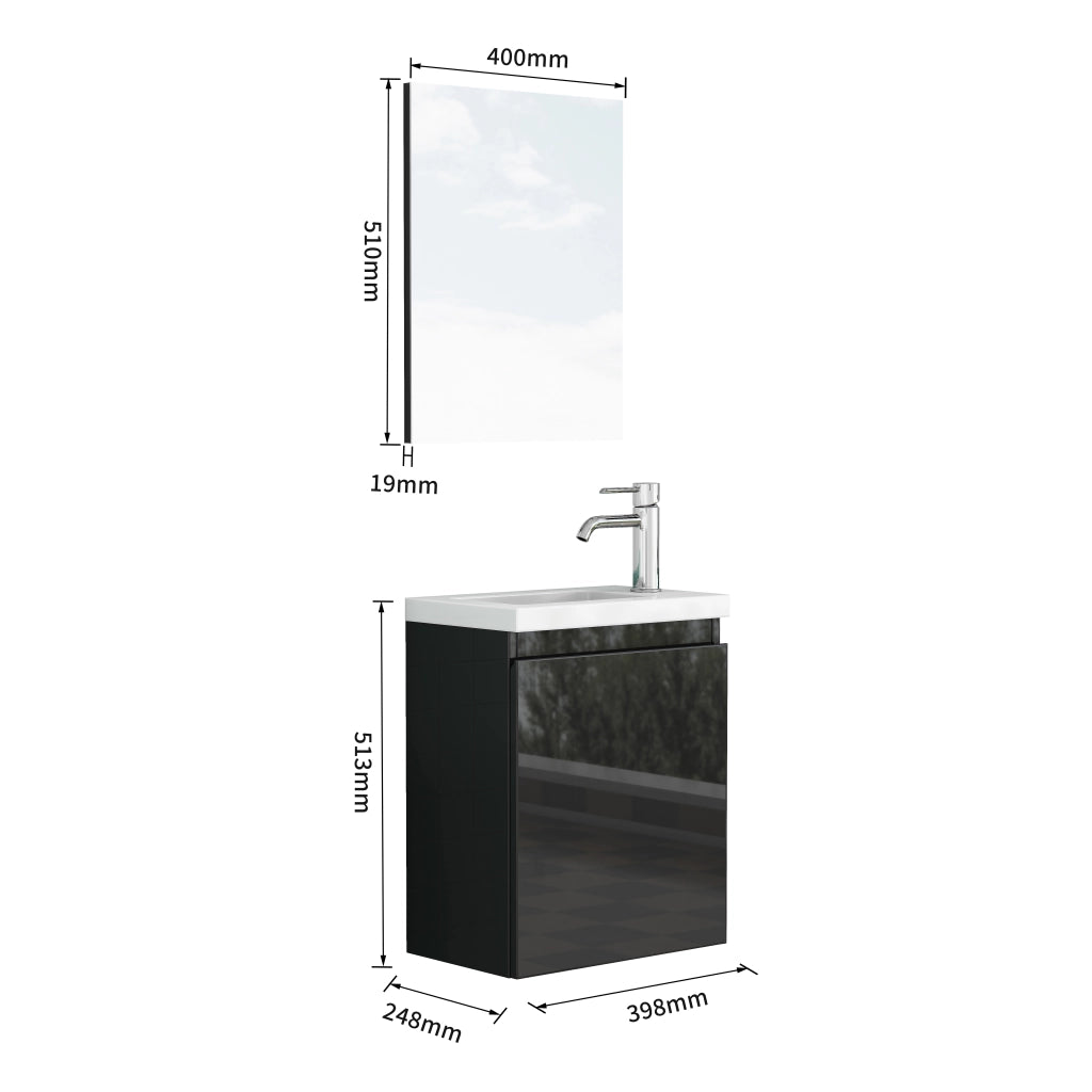 Mobile bagno sospeso nero con lavabo in ceramica e specchio