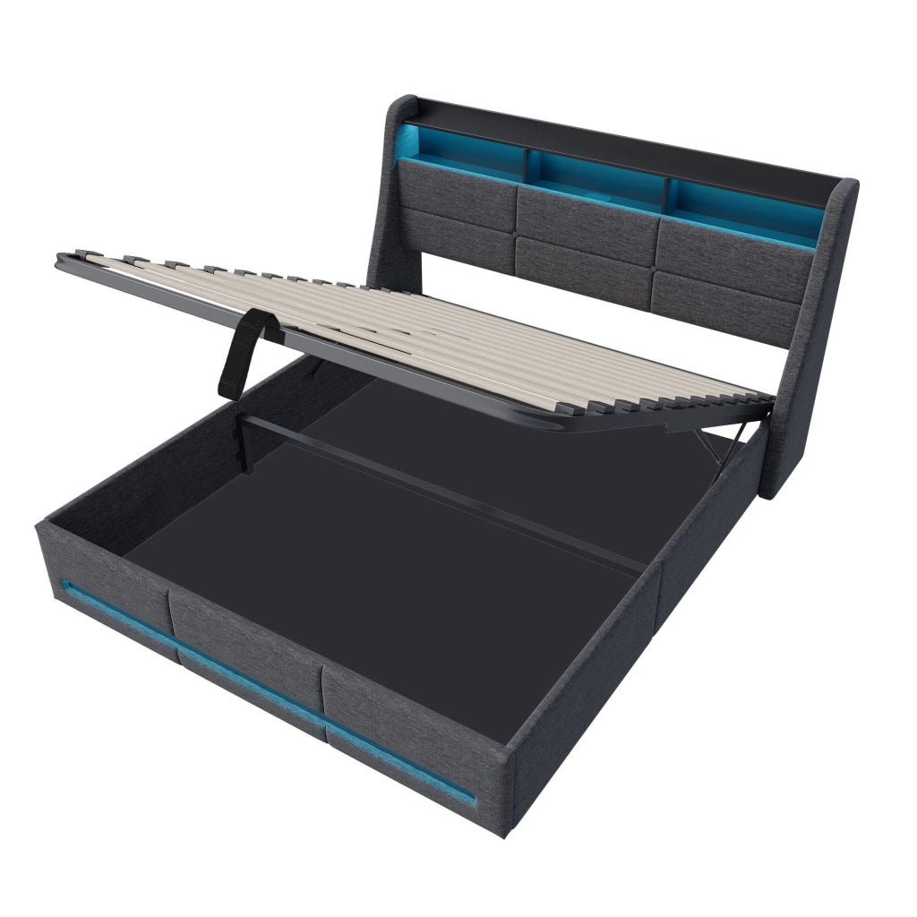 Letto contenitore 140x200 cm in lino grigio;con vano portaoggetti;luci LED/USB;rete a doghe e testiera;per ragazzi e adulti