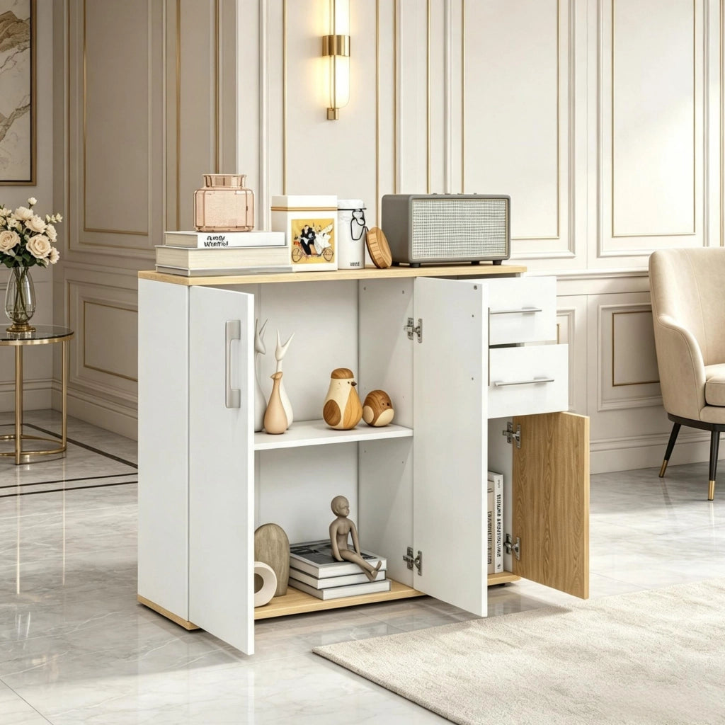 Credenza moderna bianca e naturale con 2 cassetti e vani contenitore