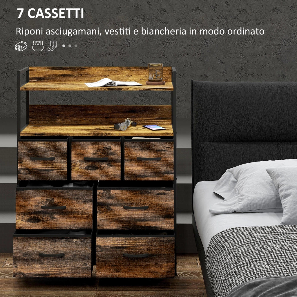 Cassettiera Stile Industriale con 7 Cassetti in Tessuto Rimovibili 79x29x101 cm Struttura in Legno e Acciaio Marrone e