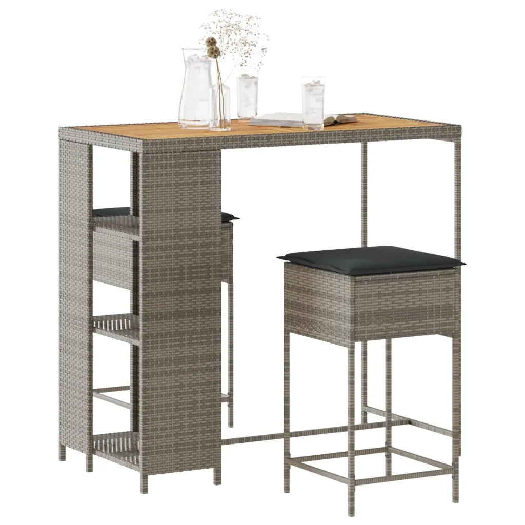 Set Bar da Giardino 3pz con Cuscini Grigio in Polyrattan
