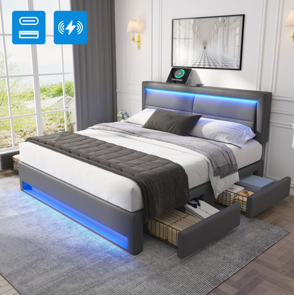 Letto imbottito 140 x 190 cm grigio con USB, LED e 4 cassetti