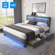 Letto imbottito 140 x 190 cm grigio con USB, LED e 4 cassetti