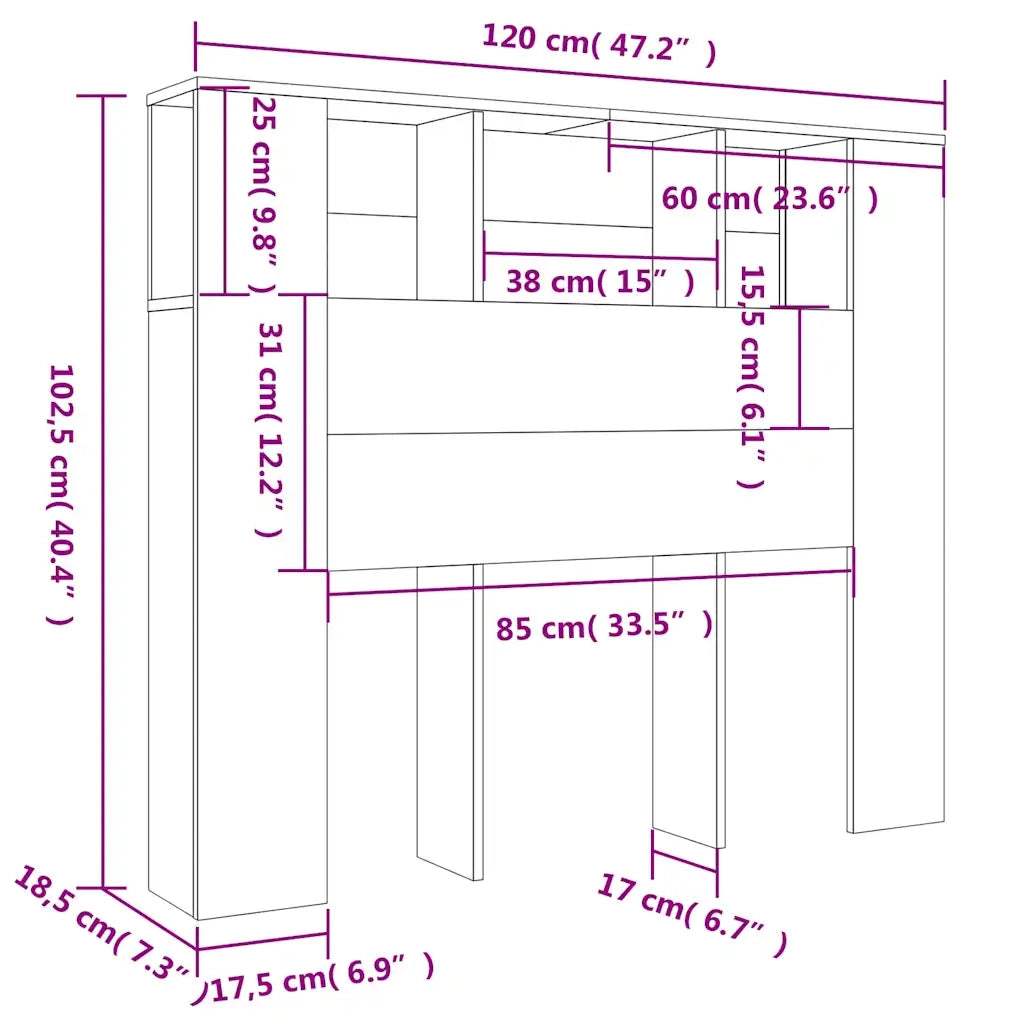Armoire de tête de lit gris béton 120x18,5x102,5 cm