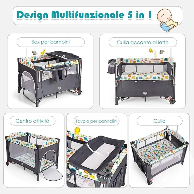 5 in 1 Lettino da Campeggio per Bambini, Lettino con Materasso per Neonato, Culla da Viaggio con Fasciatoio, Altezza Regolabile, Ruote con Freno, per Bambini 0-36 Mesi (Grigio)