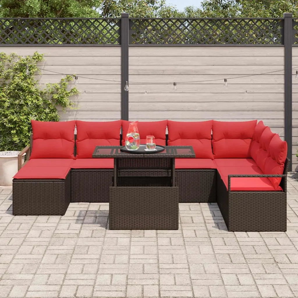 Set Divano da Giardino 9 pcs Marrone e Rosso polyrattan 3348880
