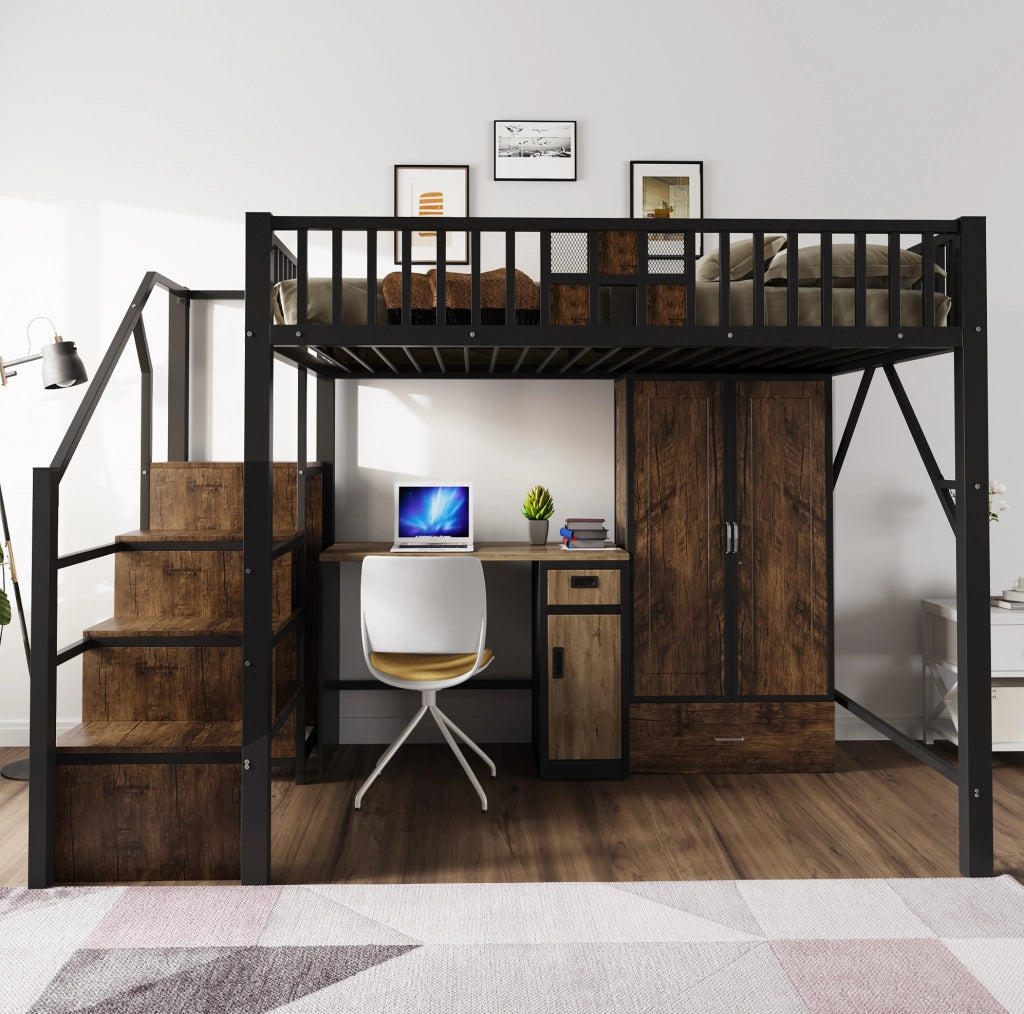 LETTO a soppalco 140 x 200 cm Nero in metallo e legno con armadio e scala