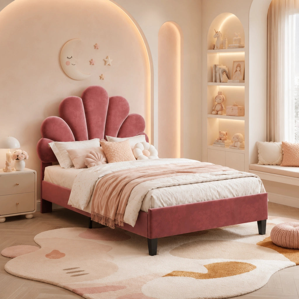 Letto singolo 90x200 cm imbottito velluto rosa, testiera a forma di fiore, struttura con doghe in legno, portata 200 kg, letto moderno per camera da letto bambini