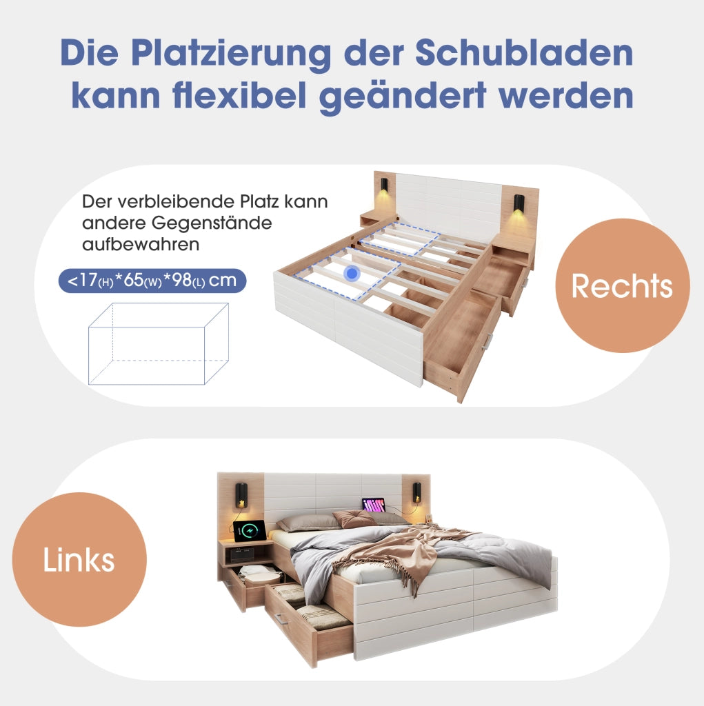Letto matrimoniale 160x200 con USB, cassetti e comodini