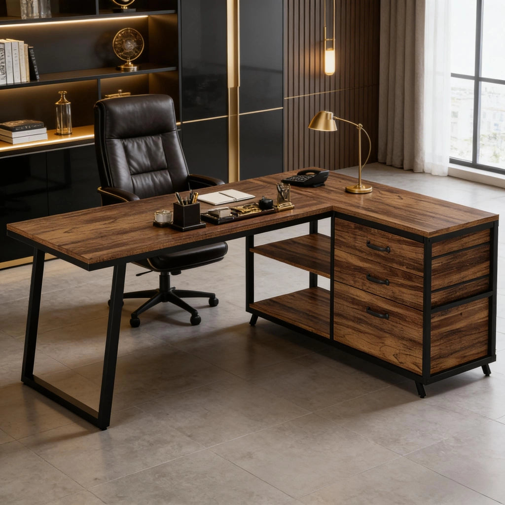 Scrivania angolare reversibile con cassetti e ripiani in truciolato e metallo nero marrone 134 × 50 cm