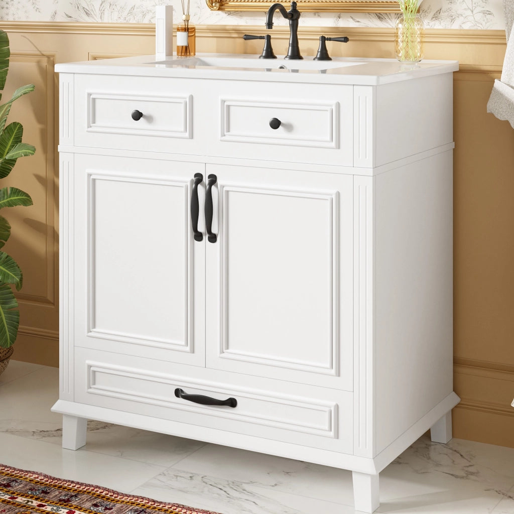 Mobile lavabo 77x46x86 cm con lavabo integrato e 9 vani in MDF e ceramica bianco
