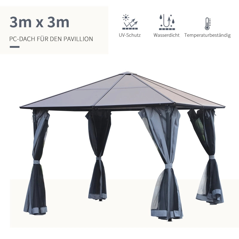 Gazebo 3 × 3 m con tetto in policarbonato 6 mm; struttura in metallo grigio; tende e zanzariere; 300 × 300 × 265 cm