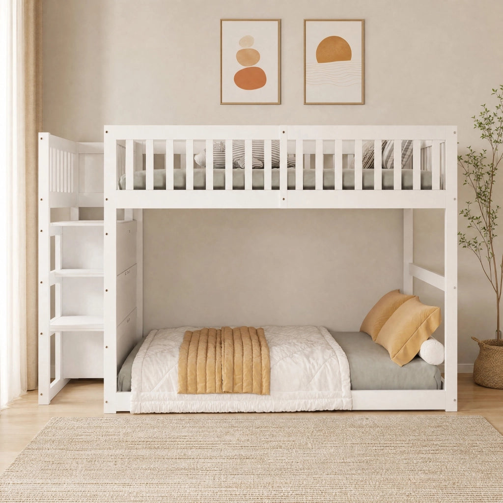 Letto a castello basso 140x200 cm in legno; bianco; con scala e 4 cassetti